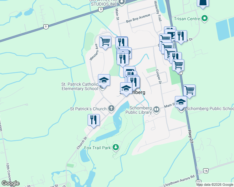 map of restaurants, bars, coffee shops, grocery stores, and more near 32 Church Street in Schomberg