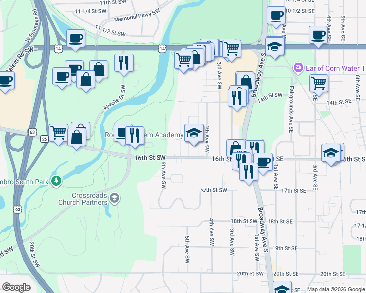 map of restaurants, bars, coffee shops, grocery stores, and more near 1527 5th Avenue Southwest in Rochester