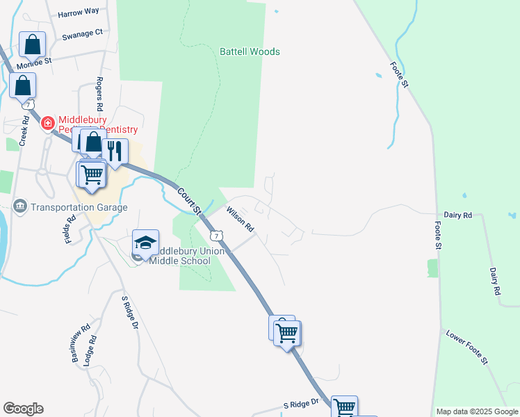 map of restaurants, bars, coffee shops, grocery stores, and more near 198 Boardman Street in Middlebury