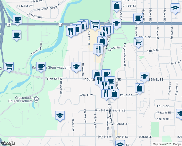 map of restaurants, bars, coffee shops, grocery stores, and more near 1525 2nd Avenue Southwest in Rochester