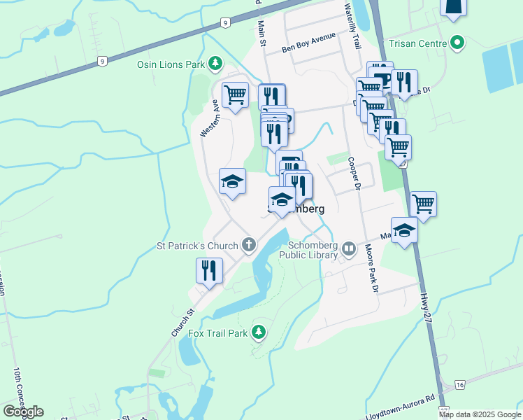 map of restaurants, bars, coffee shops, grocery stores, and more near 32 Church Street in Schomberg