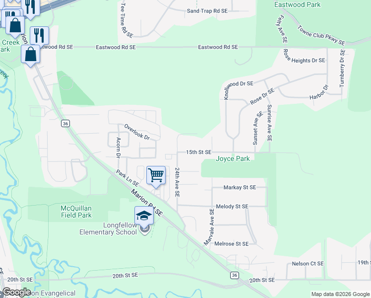 map of restaurants, bars, coffee shops, grocery stores, and more near 2411 15th Street Southeast in Rochester