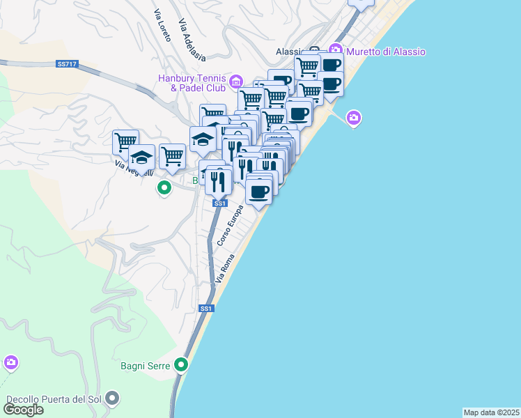 map of restaurants, bars, coffee shops, grocery stores, and more near 12 Via Don Boselli in Alassio