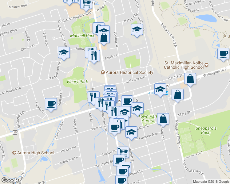 map of restaurants, bars, coffee shops, grocery stores, and more near 16 Centre Street in Aurora