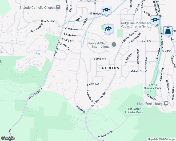 map of restaurants, bars, coffee shops, grocery stores, and more near 5145 Saratoga Street in Eugene