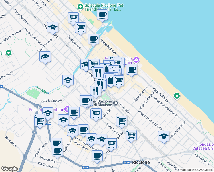map of restaurants, bars, coffee shops, grocery stores, and more near 1 Via Catullo in Riccione