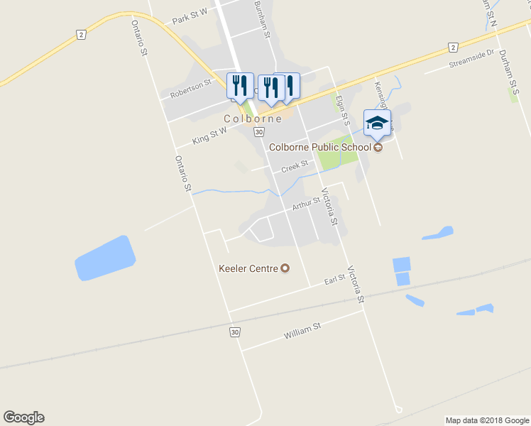 map of restaurants, bars, coffee shops, grocery stores, and more near 23 Arthur Street in Colborne