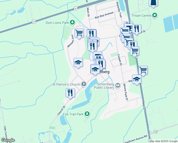 map of restaurants, bars, coffee shops, grocery stores, and more near 14 Edwards Mill Lane in Schomberg