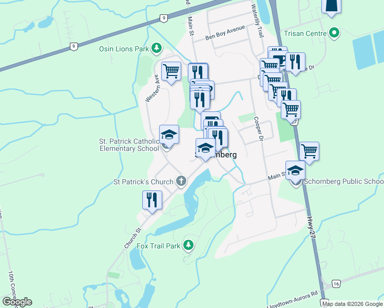 map of restaurants, bars, coffee shops, grocery stores, and more near 32 Church Street in Schomberg