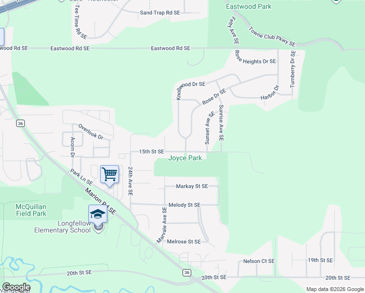 map of restaurants, bars, coffee shops, grocery stores, and more near 2801 15th Street Southeast in Rochester