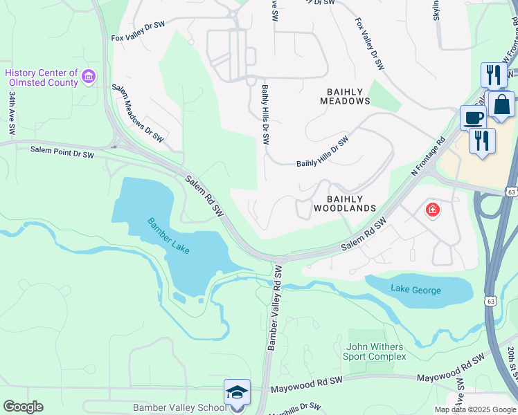 map of restaurants, bars, coffee shops, grocery stores, and more near 2521 Salem Heights Lane Southwest in Rochester