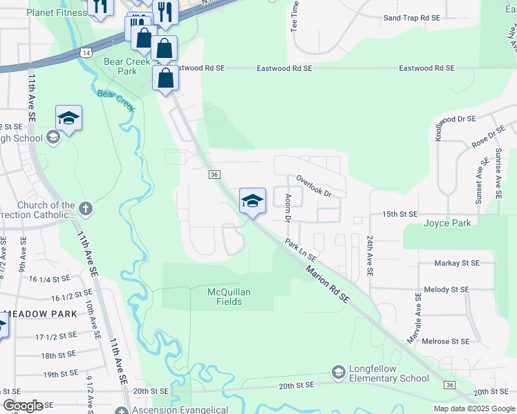 map of restaurants, bars, coffee shops, grocery stores, and more near 2059 16th Street Southeast in Rochester