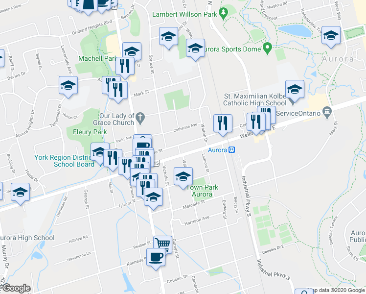 map of restaurants, bars, coffee shops, grocery stores, and more near 65 Centre Street in Aurora