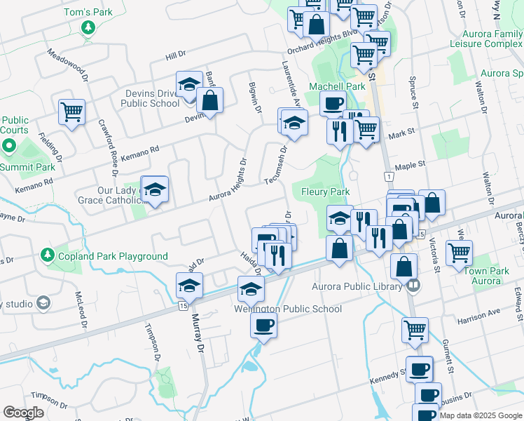 map of restaurants, bars, coffee shops, grocery stores, and more near 57 Collins Crescent in Aurora