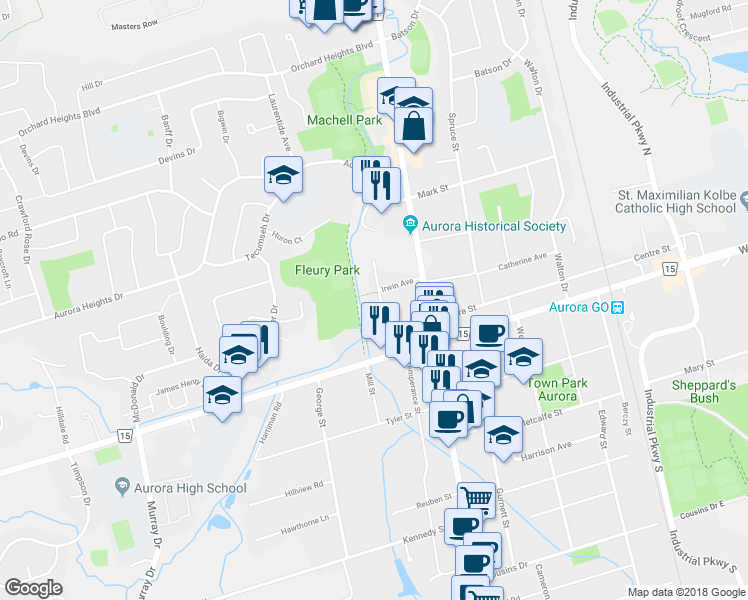 map of restaurants, bars, coffee shops, grocery stores, and more near 40 Machell Avenue in Aurora