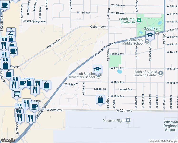 map of restaurants, bars, coffee shops, grocery stores, and more near 1730 Orchard Court in Oshkosh
