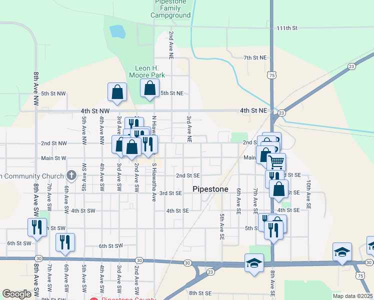 map of restaurants, bars, coffee shops, grocery stores, and more near 115 3rd Avenue Northeast in Pipestone