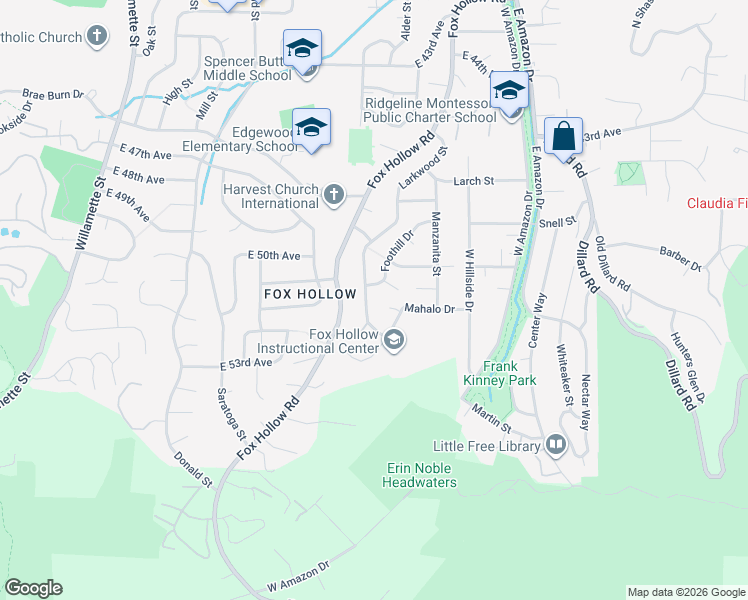 map of restaurants, bars, coffee shops, grocery stores, and more near 4852 Larkwood Street in Eugene