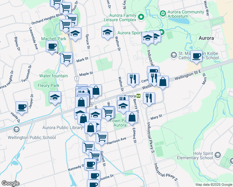 map of restaurants, bars, coffee shops, grocery stores, and more near in Aurora