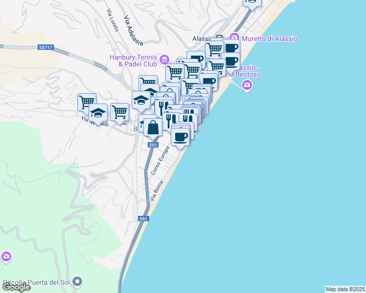 map of restaurants, bars, coffee shops, grocery stores, and more near 17 Via Roma in Alassio