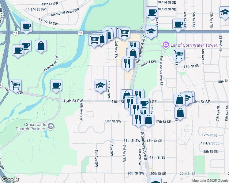 map of restaurants, bars, coffee shops, grocery stores, and more near 1527 3rd Avenue Southwest in Rochester
