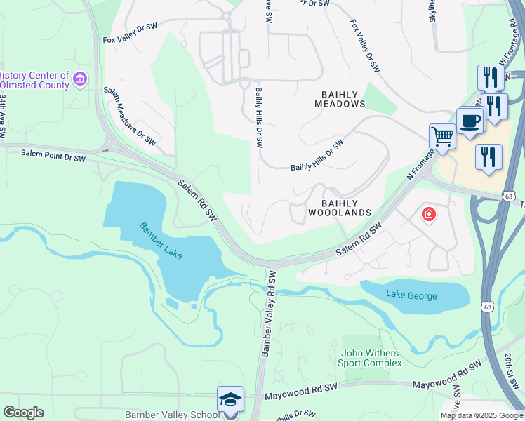 map of restaurants, bars, coffee shops, grocery stores, and more near 2521 Salem Heights Lane Southwest in Rochester