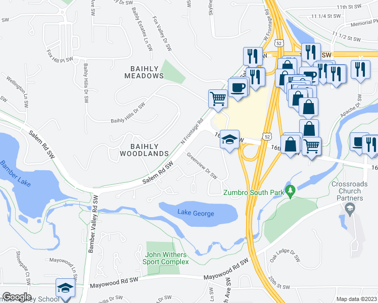 map of restaurants, bars, coffee shops, grocery stores, and more near 1915 Greenview Place Southwest in Rochester