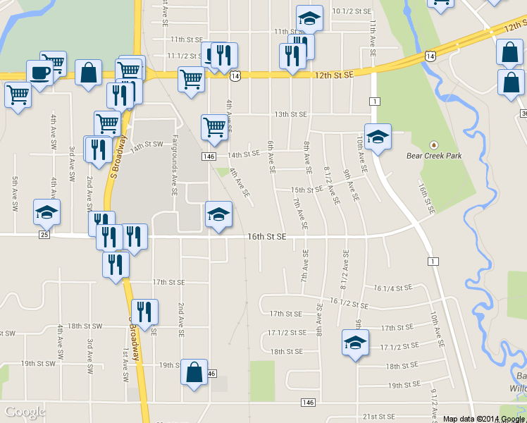 map of restaurants, bars, coffee shops, grocery stores, and more near 1526 4th Avenue Southeast in Rochester