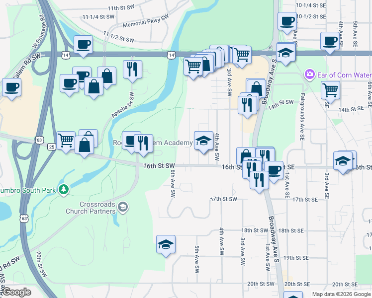 map of restaurants, bars, coffee shops, grocery stores, and more near 1527 5th Avenue Southwest in Rochester