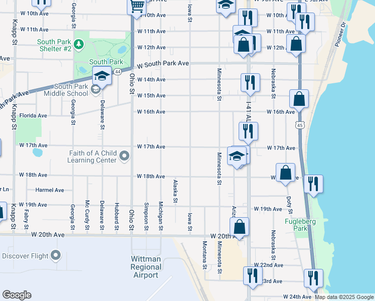 map of restaurants, bars, coffee shops, grocery stores, and more near 407 West 17th Avenue in Oshkosh