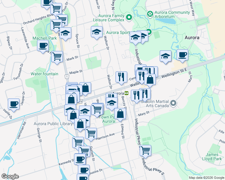 map of restaurants, bars, coffee shops, grocery stores, and more near 104 Wellington Street East in Aurora