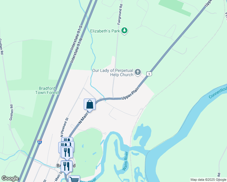 map of restaurants, bars, coffee shops, grocery stores, and more near 54 Fairground Road in Bradford