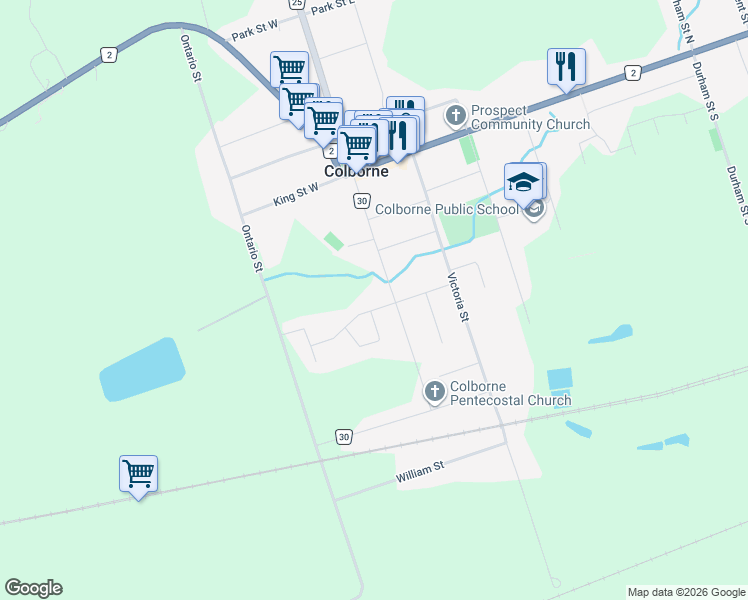 map of restaurants, bars, coffee shops, grocery stores, and more near 23 Arthur Street in Colborne