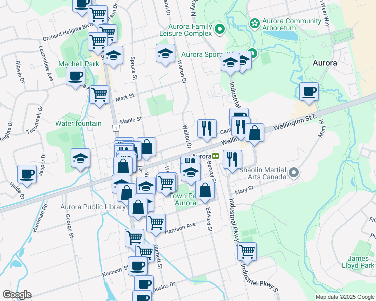 map of restaurants, bars, coffee shops, grocery stores, and more near in Aurora