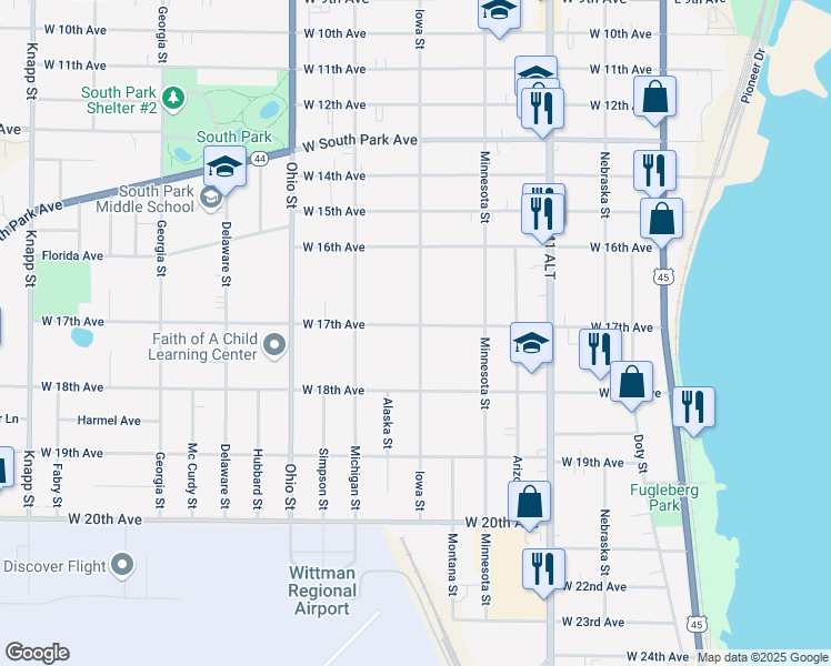 map of restaurants, bars, coffee shops, grocery stores, and more near 407 West 17th Avenue in Oshkosh