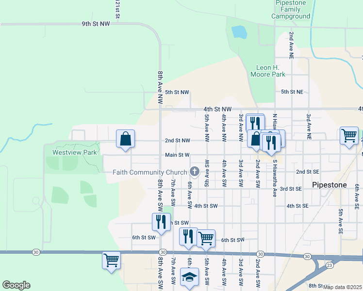 map of restaurants, bars, coffee shops, grocery stores, and more near 606 2nd Street Southwest in Pipestone