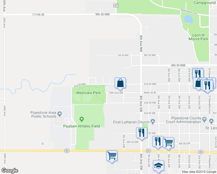 map of restaurants, bars, coffee shops, grocery stores, and more near 920 2nd Street Northwest in Pipestone