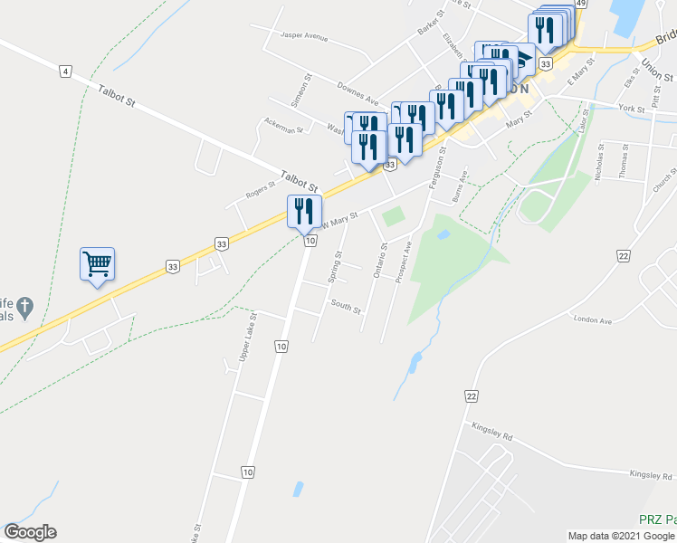 map of restaurants, bars, coffee shops, grocery stores, and more near 11 Spring Street in Prince Edward