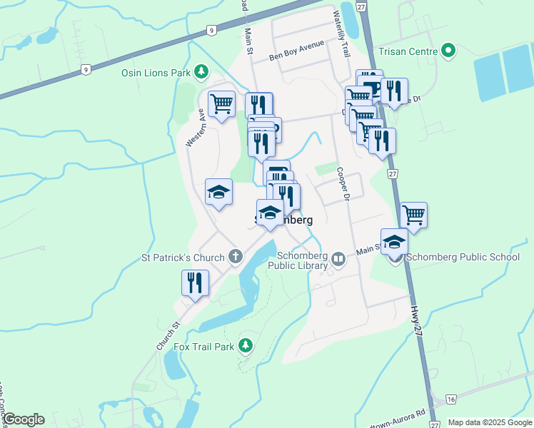 map of restaurants, bars, coffee shops, grocery stores, and more near 14 Edwards Mill Lane in Schomberg