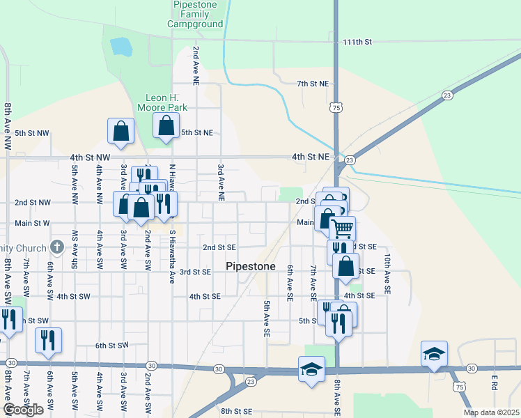 map of restaurants, bars, coffee shops, grocery stores, and more near 118 5th Avenue Northeast in Pipestone
