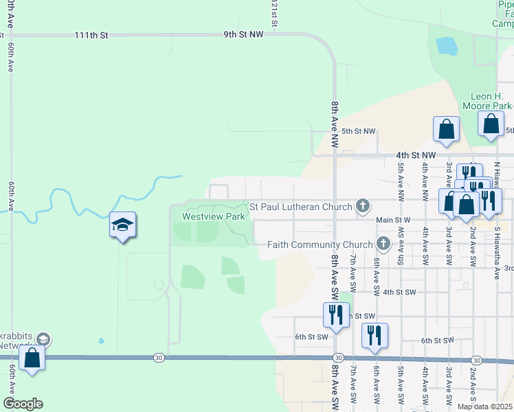 map of restaurants, bars, coffee shops, grocery stores, and more near 920 2nd Street Northwest in Pipestone