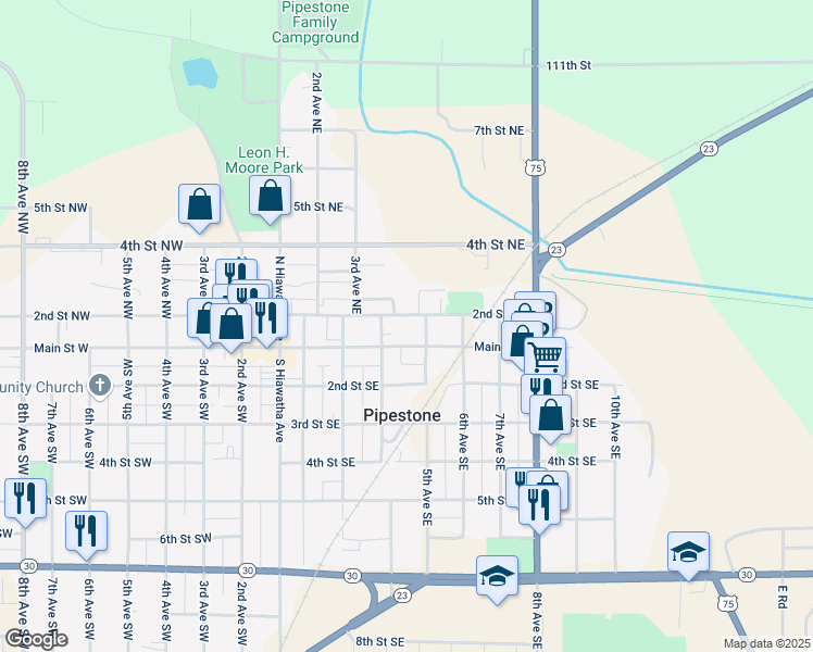 map of restaurants, bars, coffee shops, grocery stores, and more near 118 5th Avenue Northeast in Pipestone