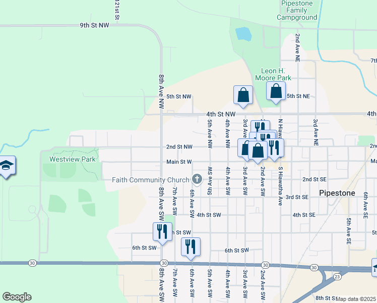 map of restaurants, bars, coffee shops, grocery stores, and more near 606 2nd Street Southwest in Pipestone