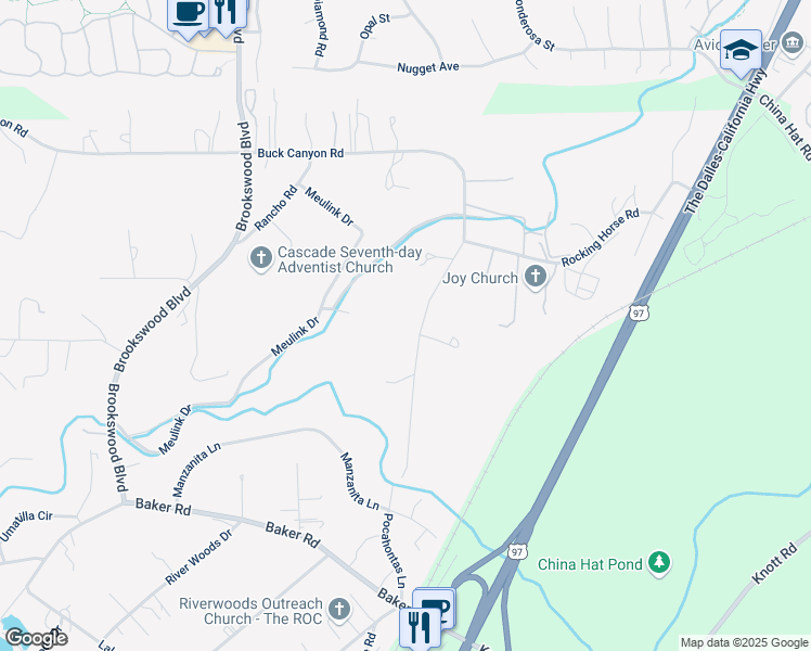 map of restaurants, bars, coffee shops, grocery stores, and more near 19771 Buck Canyon Road in Bend