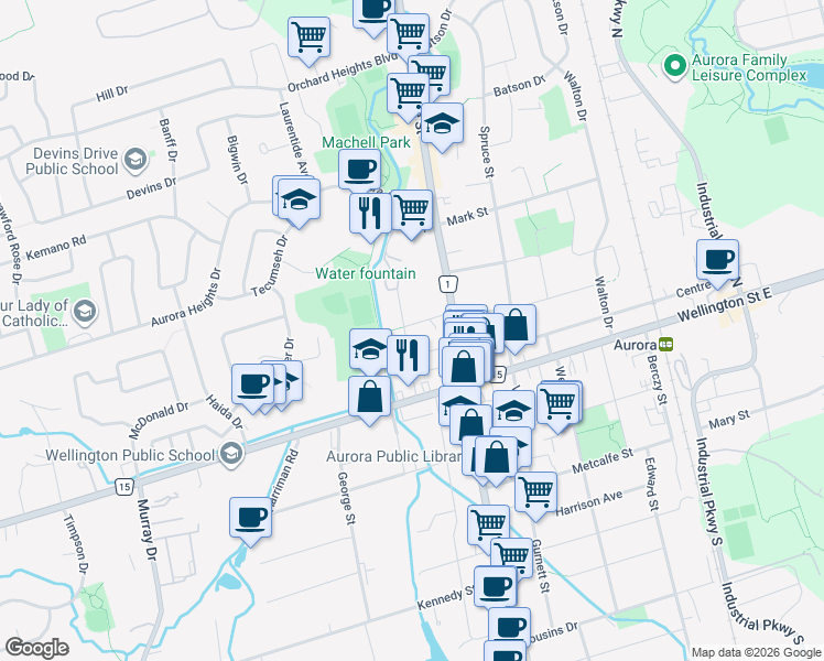 map of restaurants, bars, coffee shops, grocery stores, and more near 23 Irwin Avenue in Aurora