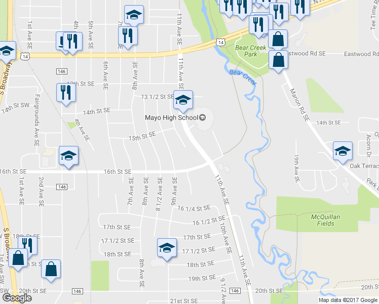 map of restaurants, bars, coffee shops, grocery stores, and more near 1550 10th Avenue Southeast in Rochester
