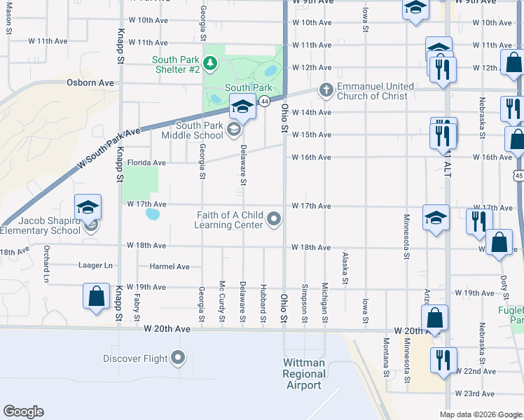 map of restaurants, bars, coffee shops, grocery stores, and more near 633 West 17th Avenue in Oshkosh