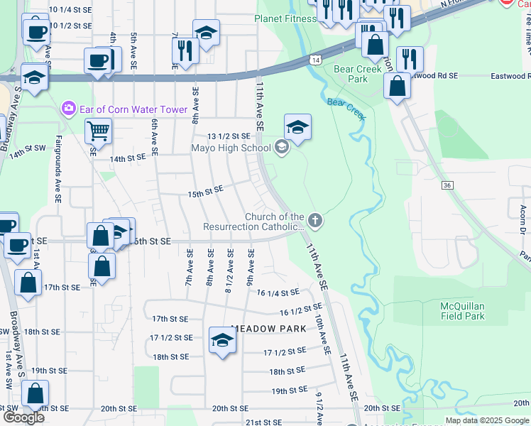 map of restaurants, bars, coffee shops, grocery stores, and more near 1547 10th Avenue Southeast in Rochester