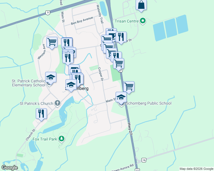 map of restaurants, bars, coffee shops, grocery stores, and more near 10 Rice Drive in Schomberg