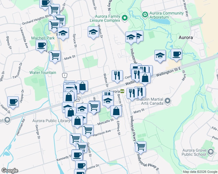 map of restaurants, bars, coffee shops, grocery stores, and more near in Aurora